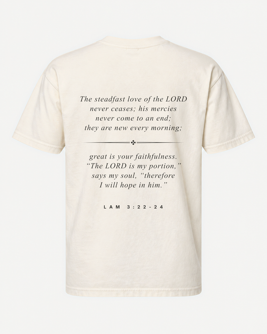DAWN tee back with Lam. 3:22–24 printed 13 inches across