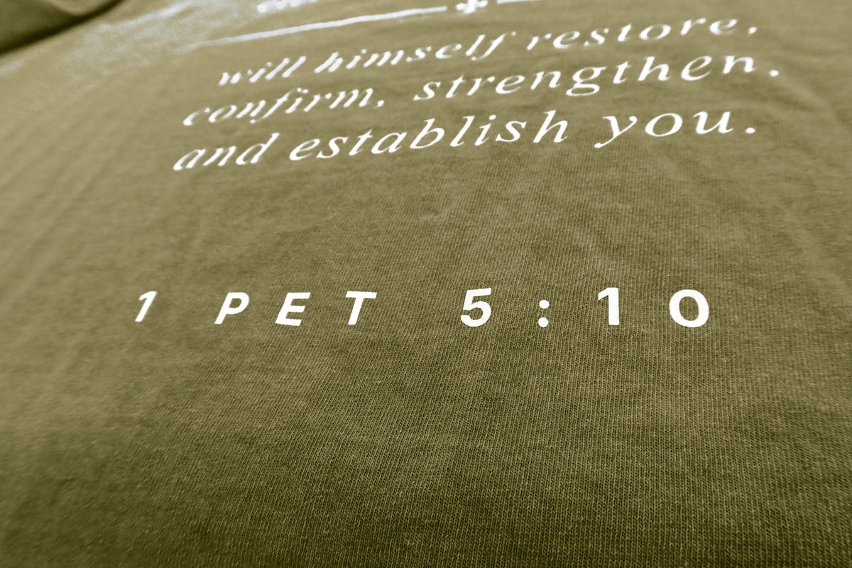 1 Pet. 5:10 printed on the back, close