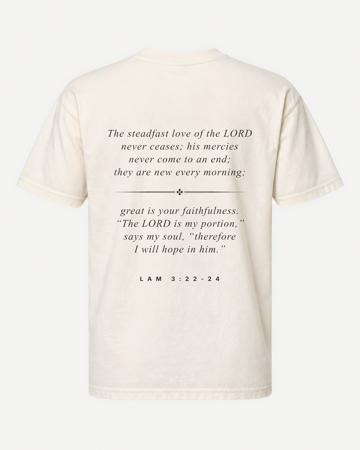 DAWN tee back with Lam. 3:22–24 printed 13 inches across
