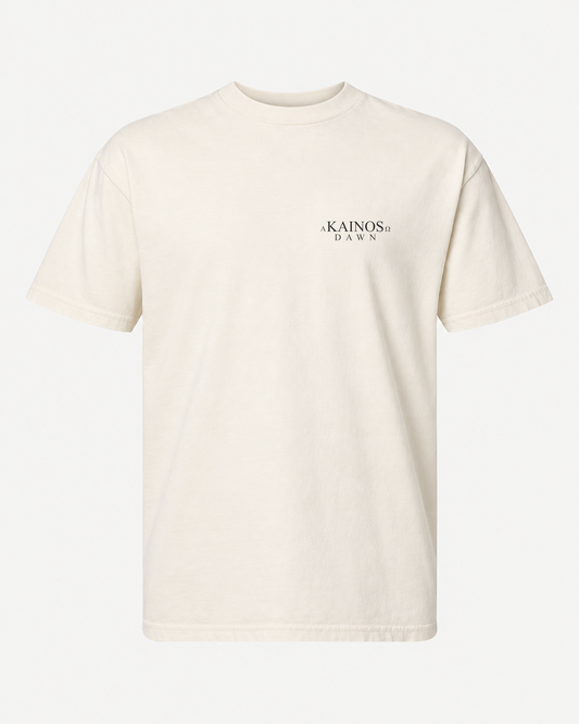 DAWN tee in faded cream, front, with the KAINOS chest lockup