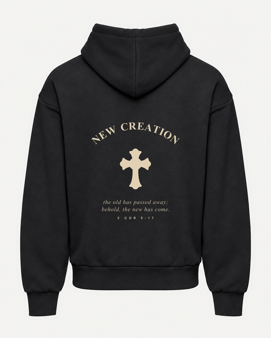 NEW CREATION hoodie in black, back print with 2 Cor. 5:17