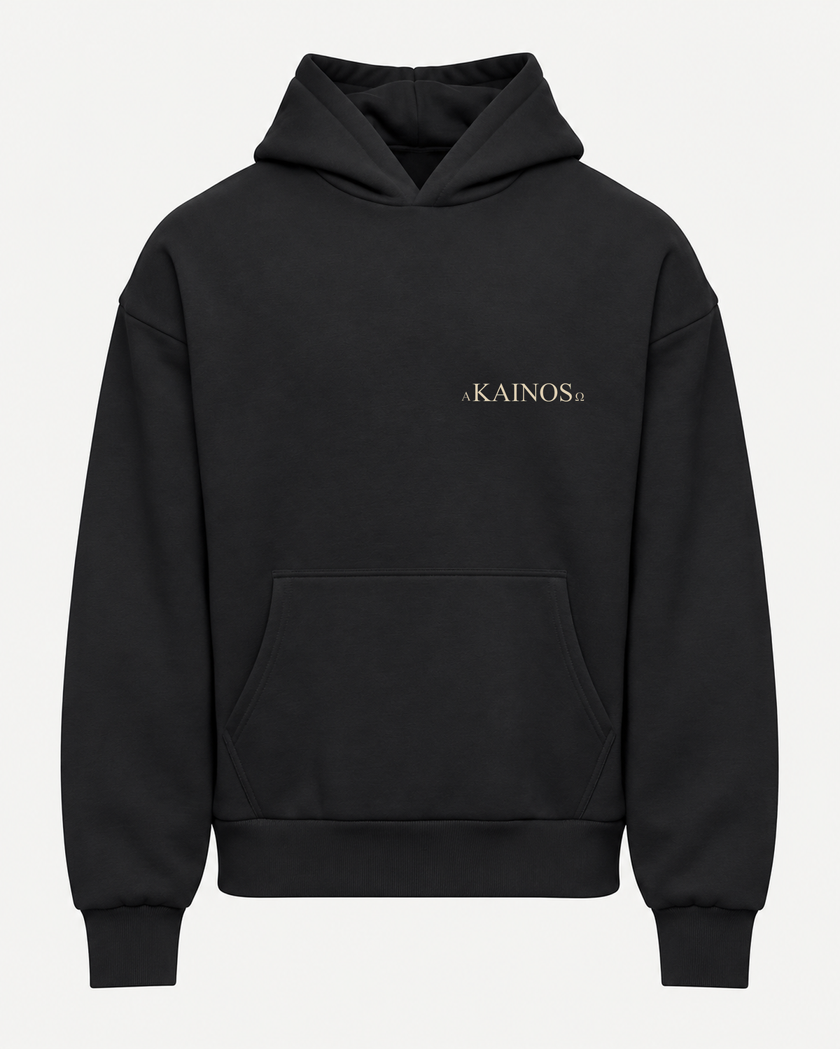 NEW CREATION hoodie in black, front, with the KAINOS chest lockup