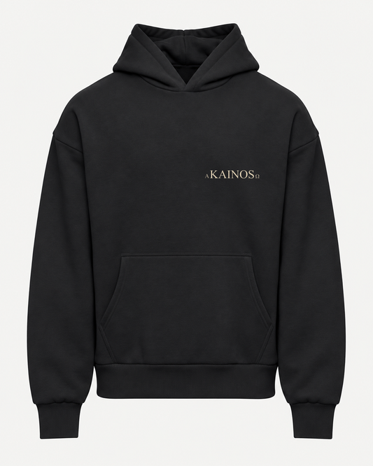 NEW CREATION hoodie in black, front, with the KAINOS chest lockup