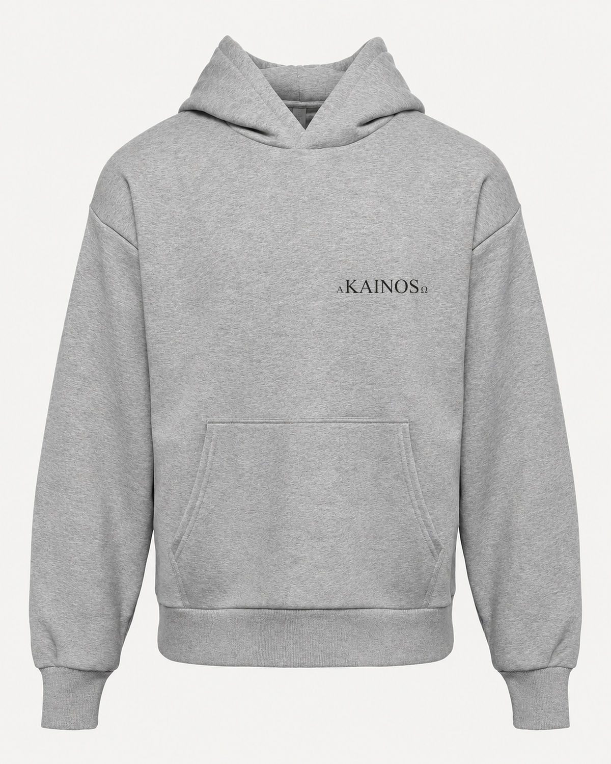 NEW CREATION hoodie in heather grey, front, with the KAINOS chest lockup