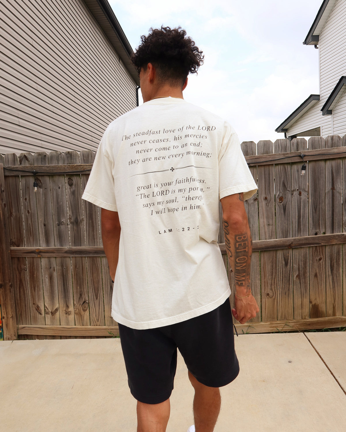DAWN tee worn, Lam. 3:22-24 across the back