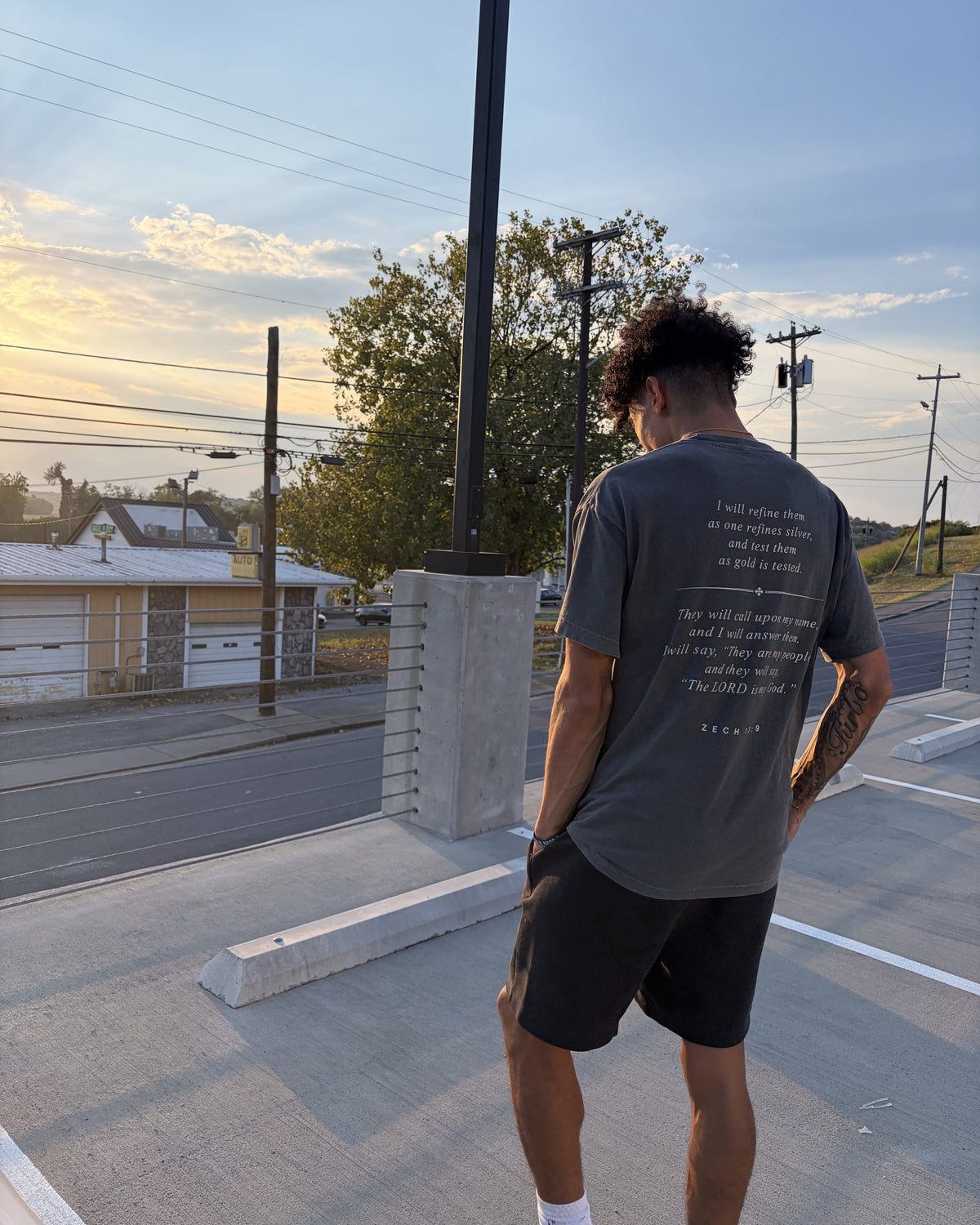 VALLEY tee worn, back verse at sunset