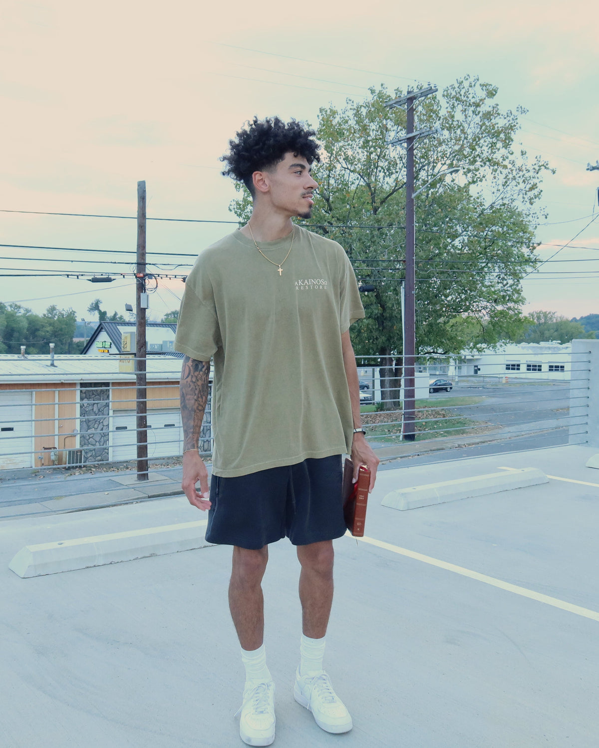 RESTORE tee worn, side profile