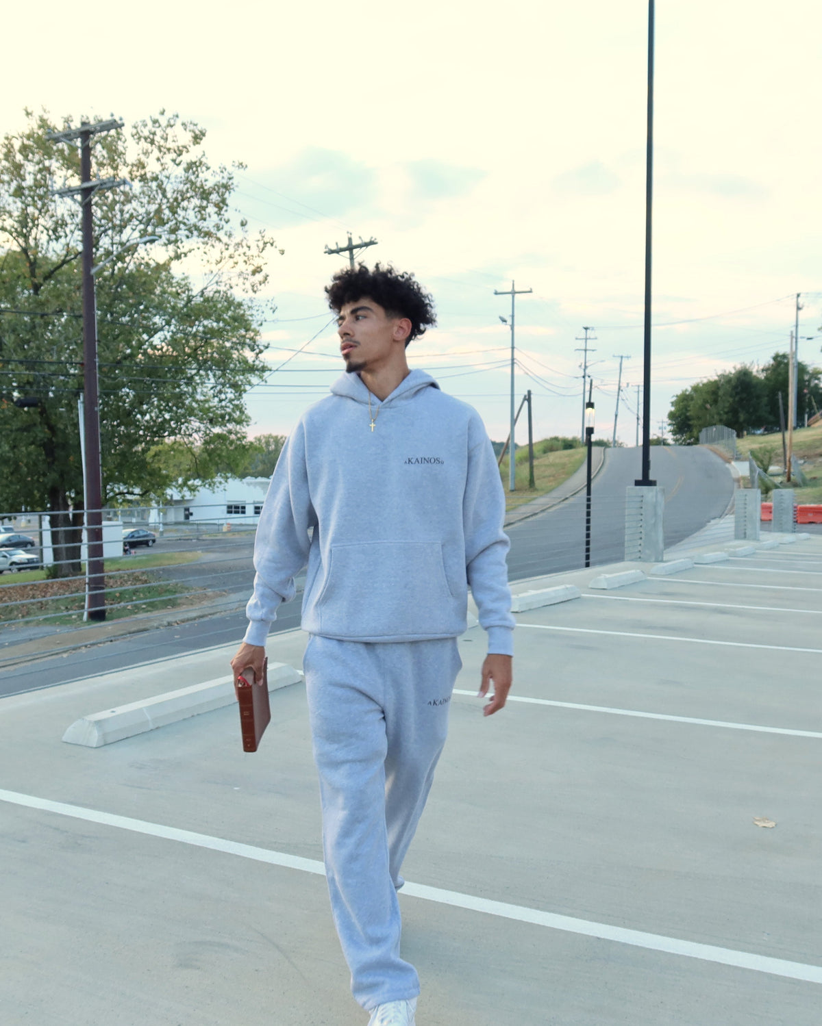 NEW CREATION hoodie in heather grey, walking