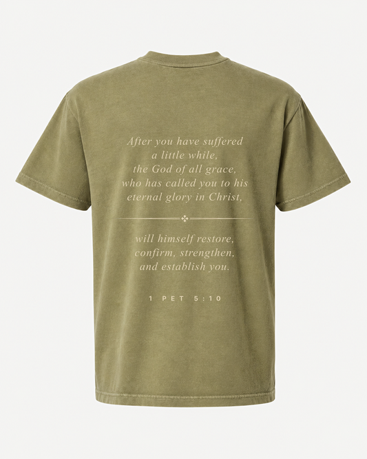 RESTORE tee back with 1 Pet. 5:10 printed 13 inches across
