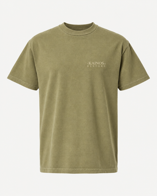 RESTORE tee in faded army, front, with the KAINOS chest lockup