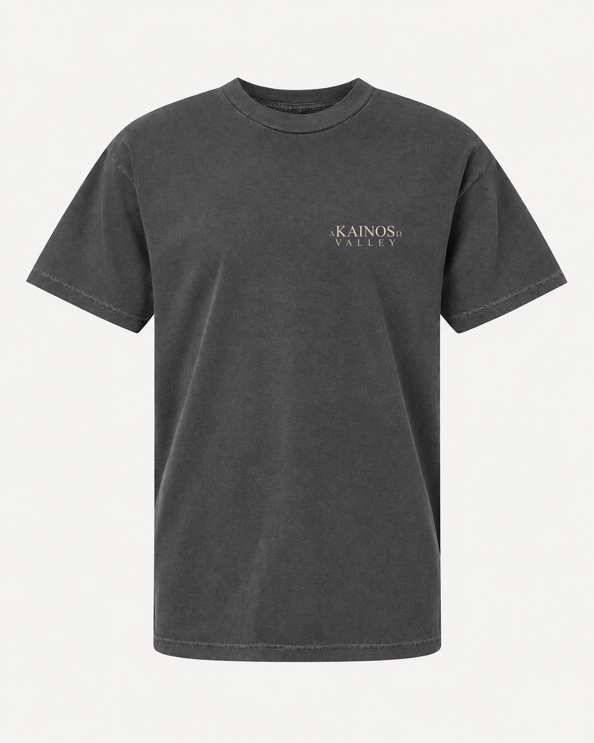 VALLEY tee in faded black, front, with the KAINOS chest lockup