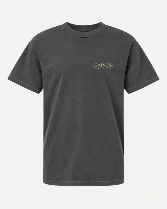 VALLEY tee in faded black, front, with the KAINOS chest lockup